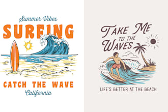 do hand drawn beach surfing logo t shirt design
