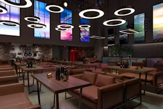 remodel 3d interior restaurant, furniture layout,bar design,cinema, v ray render