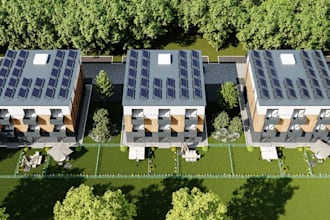 redesign 3d modern minimalist apartment, communal house, driveway, cgi landscape