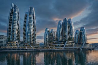 futuristic 3d skyscraper,cityscape round building, real estate,skyline rendering