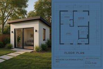 design complete adu floor plan, 3d model, and construction drawings