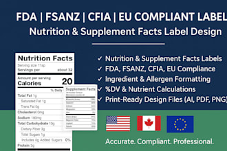 create fda, fsanz, cfia and eu compliant nutrition and supplement facts label
