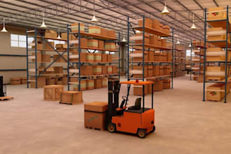 spacious warehouse interior, machine model, 3d layouts, showroom design, render