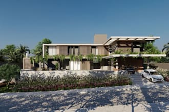 render photorealistic building, facade redesign, gourmet area, canilever balcony
