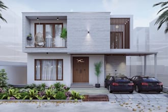 remodel contemporary cantilevered apartment backyard landscape, facade rendering