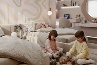 redesign 3d kids bedroom, minimalist playroom nursery,render wall interior decor