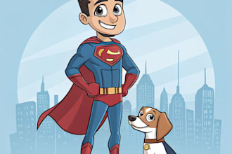 do superhero character pet caricature and friendship portrait