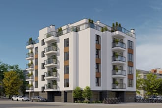 remodel multistorey building, high rise, 3d facade rendering, cantilever balcony