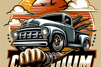 design a vintage custom car reaching logo with t shirt design