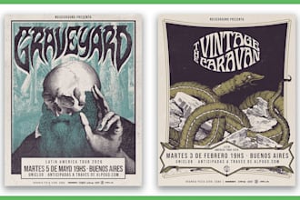 design a dark vintage engraving collage poster for rock and metal bands