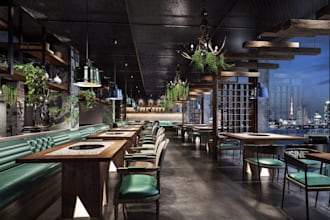 enterable 3d restaurant,commercial space,bar design,2d technical draw,cgi render