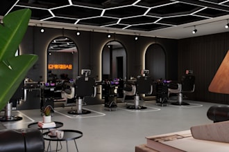 mixed use space,barbershop and coffee area, interior design,furniture,cgi render