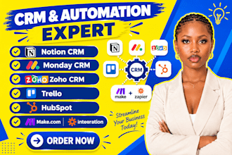 notion crm, monday crm, zoho crm, trello, hubspot, make com zapier integration