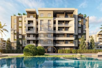 remodel modern high rise building,exterior cgi rendering,landscape,garden design