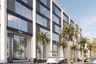 photorealistic 3d mixed use building,complex design,hypermarket,corona rendering