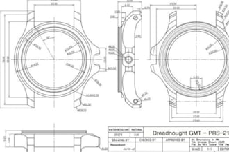 model watch, technical drawing, phototype, 2d cad, drawing and render