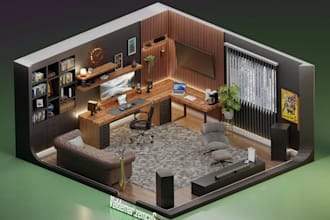 create a 3d isometric or perspective room design