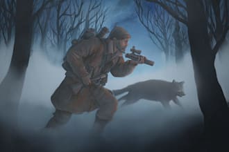 draw a gothic horror scene of a hunter and werewolf