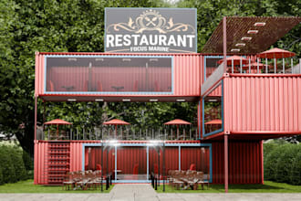 redesign 3d shipping container, mobile food truck, cgi restaurant,outdoor lounge