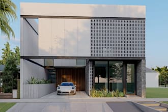 remodel 3d story building, cgi exterior facade, garage design, lush landscaping