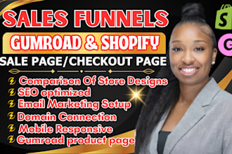 gumroad and shopify sales page checkout page and complete store setup