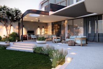 craft realistic outdoor kitchen,3d villa rendering,modern patio,pergola,backyard