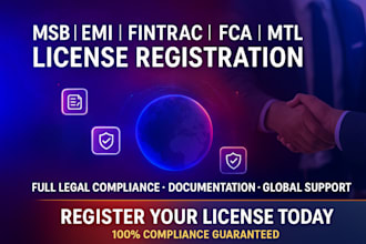 register msb emi, mtl, fca or fintrac license with full compliance