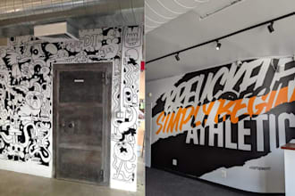 design mural art, door wrap wall art, colour wallpaper design, office doodle art
