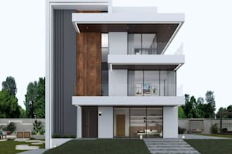 redesign 3d modern building, exterior facade, cgi garden layout, soffit lighten