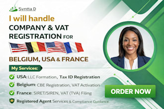 handle vat and company registration for belgium USA and france