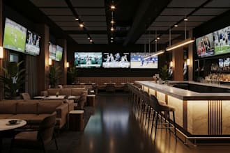 design realistic 3d sports bar, nightclub or lounge interior and exterior render