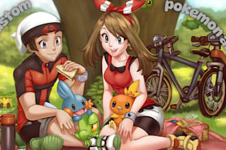 draw custom pokemon art, trainer, cards, pokemon cafe, pokemon art, logo design