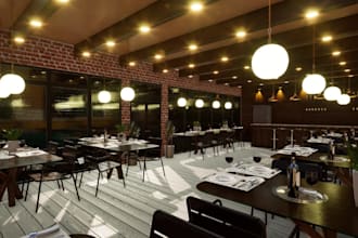cgi 3d sea food restaurant design,interior render,food truck,casual dining,revit