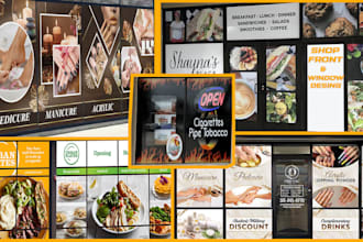 create modern shopfront or storefront window, signage design