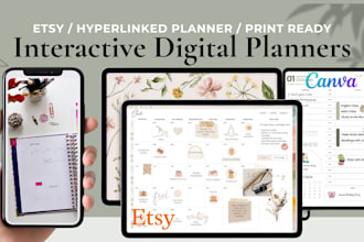 design interactive printable planner, digital etsy workbook, worksheet, journal