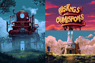design steam capsule game concept art background, pixel art, steam logo artwork