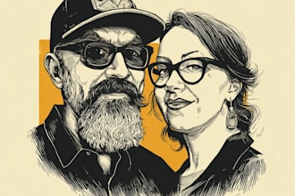 draw a custom portrait in linocut style caricature couple portrait