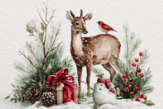 draw watercolor children book illustration, cover art, comic, christmas