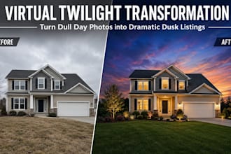 real estate photo edit, sky replace, grass change, day to dusk, virtual twilight