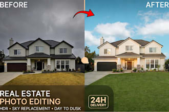 real estate photo edit, sky replace, grass change, day to dusk, virtual twilight