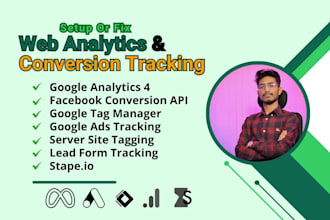 setup or fix facebook pixel, ga4,GTM conversion ads tracking, capi