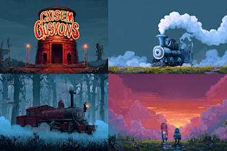 design steam capsule game concept art background, pixel art, steam logo artwork