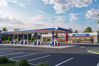 design 3d fuel station, gas station, canopy, signage with 3d supermarket render