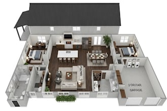 2d borndoinium layout plan, 3d rendering, pole barn cottage farmhouse design