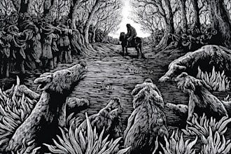 make detailed dark art with woodcut or linocut style