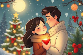 draw romantic christmas couple pop art in cute cartoon style