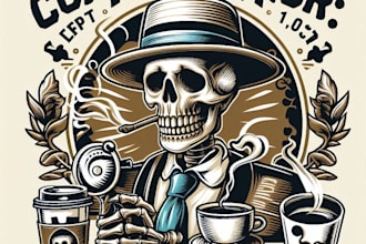 design high quality vintage skeleton coffee shop logo with t shirt design