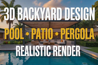 design a modern 3d backyard with pool, patio, pergola, deck and landscaping