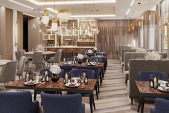 create 2d to 3d stylish hotel restaurant, bar interior layout, coffee shop setup