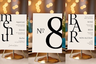 dinner seating chart, menu, welcome signs, name cards
